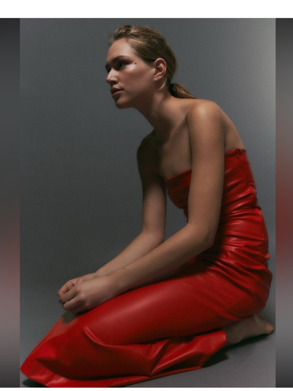 Zara Viral Strapless Red Faux Leather  Midi Dress